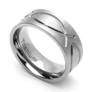   Titanium Wedding Band Christian Fish Engraved Flat Ring (Size 6 to 14