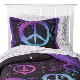   Purple Pink Green Peace Sign Full Comforter Set (7pc Bed in a Bag