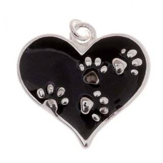 Silver Plated Black Enamel Animal Lover 2 Sided Heart Paw Print Charm 