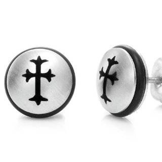 Amazing Mens Stainless Steel Cross Stud Earrings (Silver)   Free 