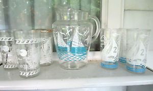Vintage Anchor Hocking Nautical Sail Boats Glass Pitcher 7 Jelly Glasses Lot