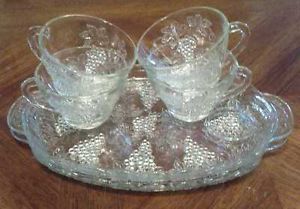 Vintage Anchor Hocking Grape Clear Depression Glass Sandwich Snack Tray Glasse