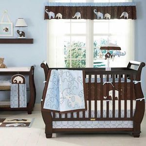 Blue Elephant Baby Boy 5pc Animal Print Safari Discount Nursery Crib Bedding Set