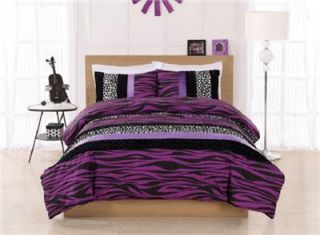 Full Size Teen Girls Purple Black White Zebra Animal Print Comforter Bedding Set