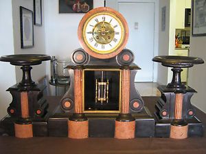 Antique French Ad Mougin 3 Piece Marble 8 Day Mantel Clock Mercury Pendulum