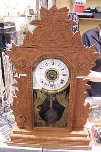Antique 1880s Gilbert Parlor Clock Alarm Eastlake Oak Leaf Case Ornate Pendulum