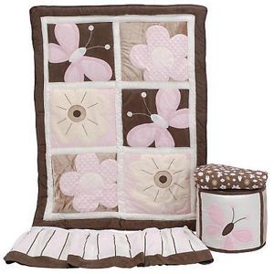 Baby Girl 4pc Crib Bedding Set Butterflies Pink Brown Kids Line Parfait New