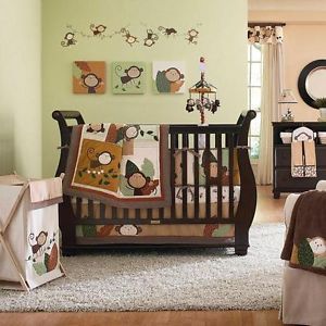 Neutral Monkey Jungle Tree Baby Crib Bedding Set for Boy or Girl Safari Nursery