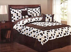 6 Pcs Micro Fur Polka Dots Quilted Comforter Set Bed in A Bag Queen Size Brown