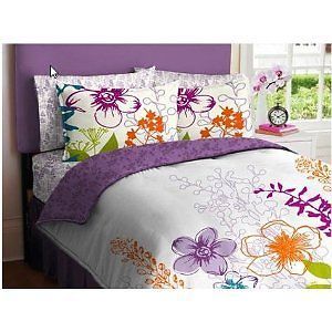 Purple Green Orange White Girls Multi Flower Full Comforter Set Bed in A Bag