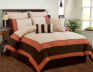 Aspen Beige Brown Coral Quilted Comforter Bed in A Bag Set Queen