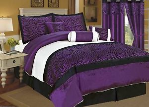 7 PC Flocking Zebra Satin Comforter Set Bed in A Bag King Purple Black White