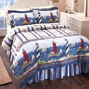 Nautical Lighthouse Sail Boat 6pc Twin Size Comforter Sheets Bed in A Bag Set