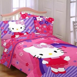 Twin Girls Kids Pink Purple Hello Kitty Comforter Sheets Bed in Bag Bedding Set