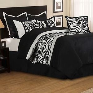 Ultra Sleek Zebra Stripe Animal Black White 8PC Queen Comforter Set Bed in A Bag