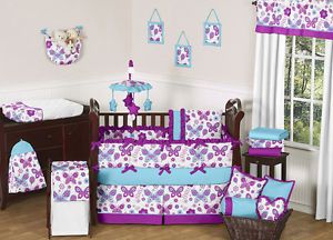 Purple Turquoise and White Flower Garden Butterfly Girl Baby Bedding 9P Crib Set