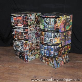 Pair Deco Comic Print Nightstands Bedside Tables Chest Drawers