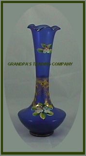 Vintage Cobalt Blue 8" Vase Moriage Flower Gold Glass