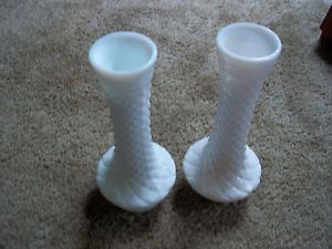 Elegant Antique Hobnail White Milk Glass Bud Vases