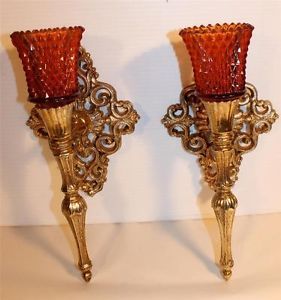 Vtg Pair 2 Gold Tone Metal Candle Holders Wall Sconce Sconces Red Glass
