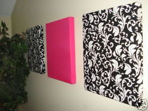 Black white damask print pink fabric wall hanging set wall canvas 14x17