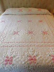 Charming Vintage Cotton Chenille Bedspread Pink Green Floral