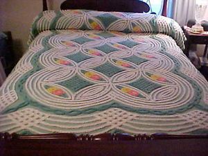 Vintage Chenille Bedspread Multi Color on Green Beautiful Twin Size