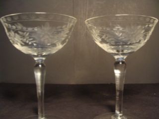 Pair of Vintage Etched Crystal Floral Champagne Stemware Glasses Elegant