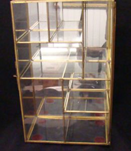 Vintage Glass Brass Mirrored Table Wall Curio Small Display Case Cabinet 7 Shelf
