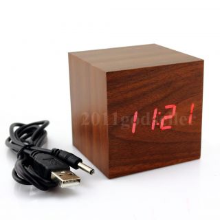 Black USB Retro Cube Temp Vioce Control Alarm Wooden Digital LED Desk Clock Mini
