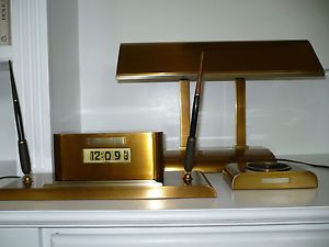 Deco Vintage Silver Crest Bronze Desk Set Lamp Clock Ashtray Smith Metal Arts