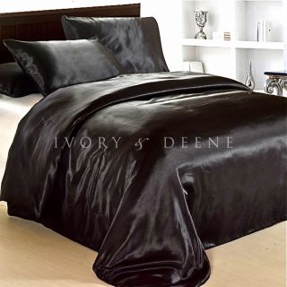 Midnight Black Silk Satin King Size DOONA Duvet Quilt Cover New Luxury Hotel Set
