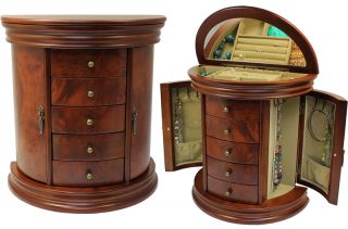 Handcrafted Burlwood Wood Jewelry Box Armoire Chest Ring Necklace Case Lock Key