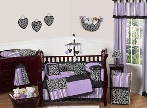 Luxury Boutique Designer Funky Purple Black White 9pc Baby Girl Crib Bedding Set