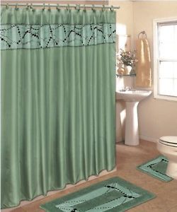 4 PC Bathroom Rug Set Sage Bath Rugs Fabric Shower Curtain Matching Mat Rings