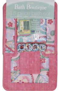 Pink Multi Paisley Print 15 Pcs Bathroom Shower Curtain with Hooks Bath Rug Set