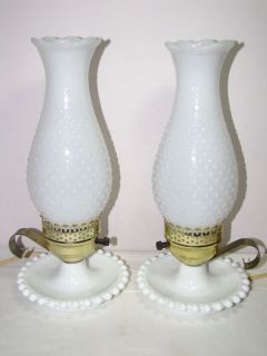 Vtg Pair White Milk Glass Hurricane Hobnail Dresser Bedside Table Lamps