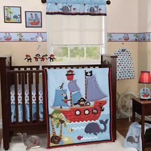 Blue Nautical Pirate Themed Baby Boy Sea Life Monkey 3P Nursery Crib Bedding Set