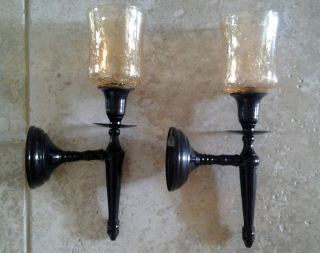 Pair Wall Mount Candle Sconce Tea Light Votive Holder Amber Crackle Glass Bronze