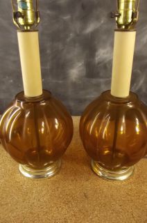 Vintage Mid Century Amber Glass Pair Table Bedside Lamps