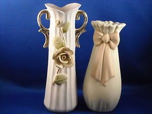 2 Pcs Porcelain Bud Vase w Bow Hand Painted Raised Flowers Bud Vase