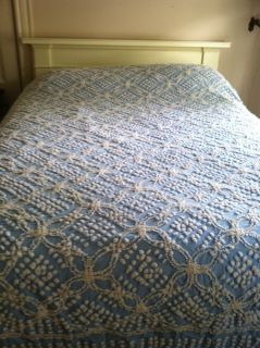 Vintage Blue and White Popcorn Chenille Queen Bedspread