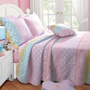 Polka Dots Full Queen Quilt Set Girls Butterfly Flower Pink Blue Comforter