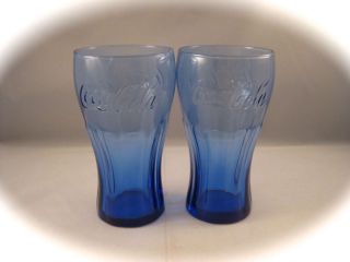 Neat Cobalt Blue "Coca Cola" Beverage Drinkware Glasses Set of 2
