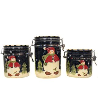 New Kitchen Ceramic Snowman Delight w Hand Painted Design 3 Piece Canister Set