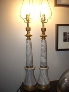 2 Antique Dark Gray Marble Brass Tall Slender Table Lamps Vintage Desk Office