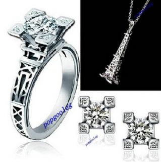 18K White Gold GP Eiffel Tower in Paris Swarovski Crystal Earring Ring Necklace