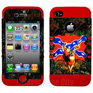 Red Deer Camo with Rebel Flag 2 in 1 Hybrid Hard Cover Case Apple iPhone 4 4S