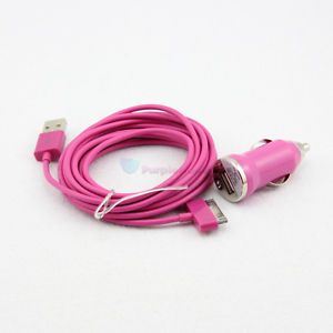Hot Pink Mini Car Charger 3M 10ft USB Long Charger Cable for iPod iPhone 4 4S