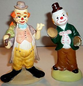 Clown Figurines Vintage Hand Painted Bisque Porcelain Set of 2